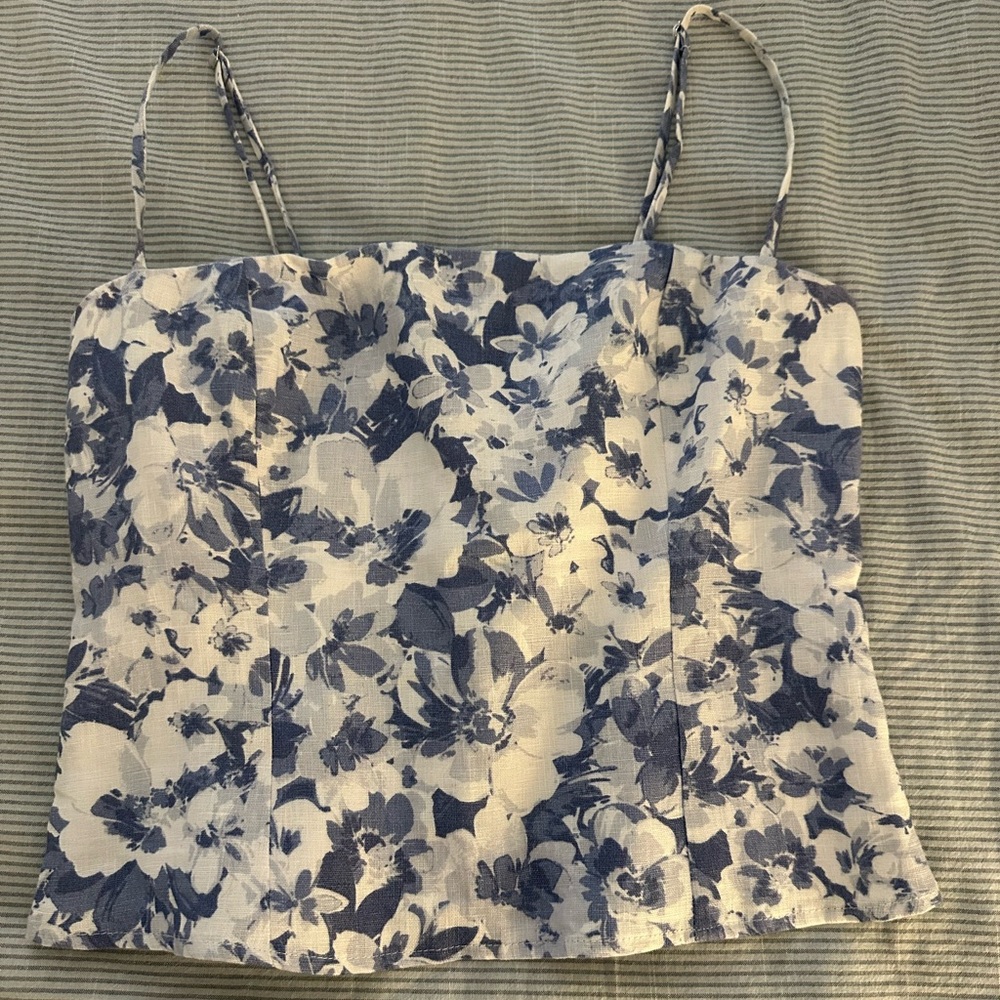 Reformation Overland Blue & White Linen Top